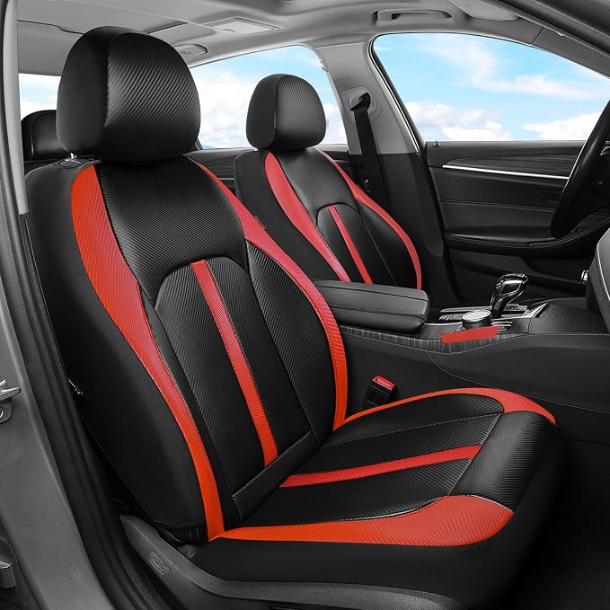 Coverado Leather Car Seat Covers Front Seats & Carbon Fiber, Waterproof and Durable All Weather Protector, Universal Fit for SUV, Pickup Truck, Sedan, Automotive Vehicle Interior, Black&Red