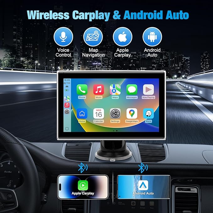 Carplay Screen for Car，7" Portable Wireless Carplay & Android Auto - HD Touchscreen Car Play with Bluetooth, Mirror Link, Live Map,Voice Control, FM Transmit (Silver)