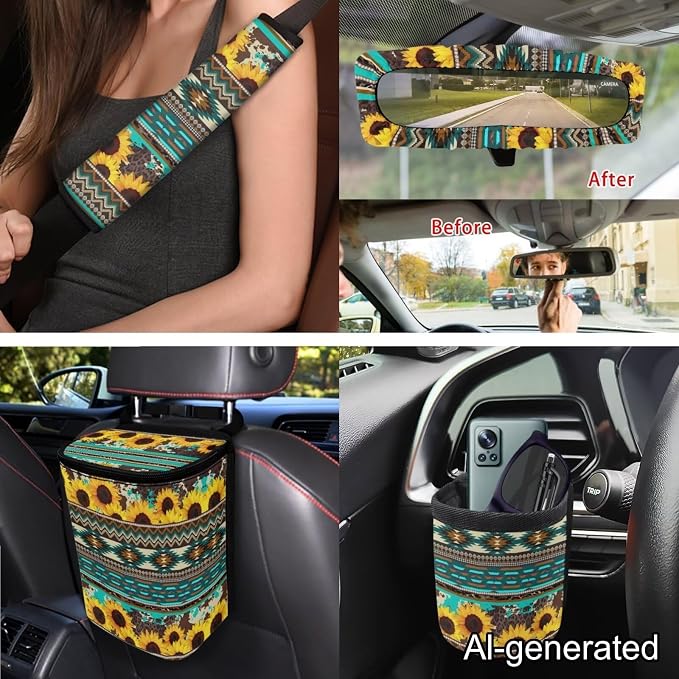 Dreaweet Sunflower Aztec Seat Covers Full Set Green Universal Car Accessories for SUV Trucks Steering Wheel Covers Seatbelt Covers Coaster Trash Can Air Vent Holder Rear View Mirror Cover Keychain
