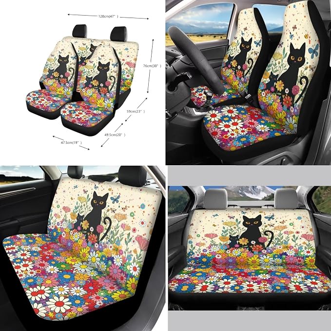 Suobstales Cat Butterfly Daisy Flower Print Car Accessories with Car Front Rear Split Seat Covers, Seat Belt Pads + Steering Wheel Cover + Coaster + Keyrings for Women Set of 11-Pcs