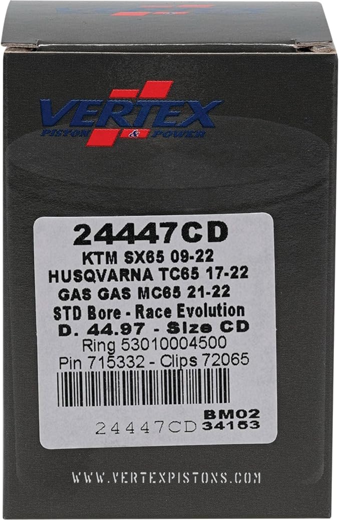 Vertex 24447CD Cast Race Piston Kit Compatible With/Replacement For KTM 65 SX 2009-2022, Husqvarna TC 65 2017-2022 45 mm Cylinder Diameter, 65 cc Displacement, 44.970mm Piston Diameter