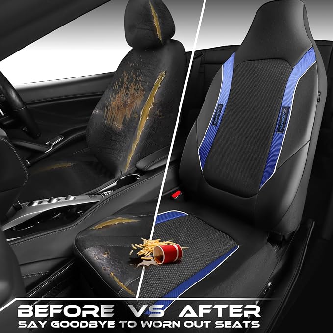 CAR PASS Sporty High Back 3D Oxford Waterproof Car Seat Cover Two Front, Universal Carbon Fiber Leather Bucket Seat Cover All Weather, Airbag Compatible Fit Sports Car SUV Sedan Truck Black Blue