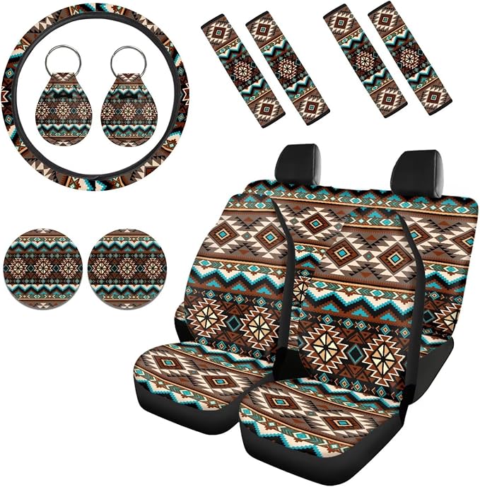 Howilath Southwest Aztec Tribal Car Seat Cover Set SUV with Steering Wheel Protector/Seat Belt Shoulder Pads/Keychains/Coasters Set of 13 Auto Accessories