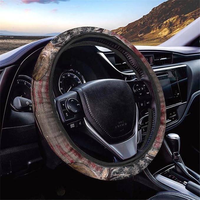 Xoenoiee 11 Pack Hunting Deer Camo American Flag Print Auto Accessories Car Seat Covers Full Set for Front & Rear Seat, SUV Car Steering Wheel Cover, Seat Belt Cover, Cup Coasters, Key Chains