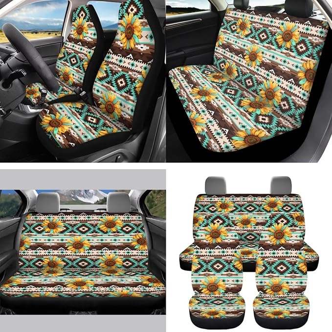 Aztec Sunflower Car Seat Covers Set of 15 with Universal Steering Wheel Cover, Rearview Mirror Cover, Car Trash Can, Seatbelt Pads, Cup Holder Coasters, Keychains