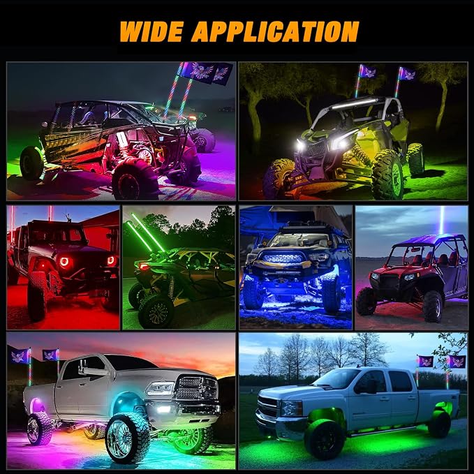 Nilight 2PCS 3FT RGB LED Whip Light and 8 PCS Rock Lights Combo, Remote & App Control w/DIY Chasing Patterns Stop Turn Reverse Safety Antenna Lighted Whips for ATV UTV