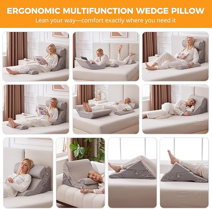 Ruqmuis 4PCS Wedge Pillow Set for After Surgery, Adjustable Back Pillow for Bed Sitting up, Acid Reflux, Bed Wedge Pillow Headboard for Sleeping & Snoring, Orthopedic Pillow for Post Surgery, Grey
