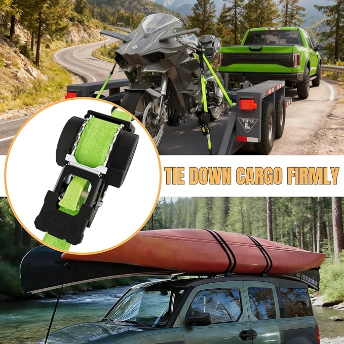 Retractable Ratchet Straps Heavy Duty Tie Down 1''*12ft Breaking Strength 1760LBS Cargo Securing System,for Motorcycle,Jetski,Kayak(2 Pack, Neon Green)