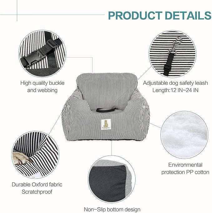 Dog Car Seat for Small Dogs, Puppy Booster Seat with Washable Pet Bed, Safety Leash and Storage Pocket, Non Slip Base Travel Seat for Car SUV Home Use, Brown