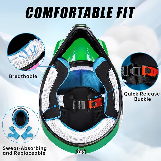 Youth Dirt Bike Helmet DOT Approved, Kids Motocross Full Face Helmet with Adjustable Goggles Riding Gloves & Storage Bag, Off-Road Sport Gear Set for Boys Girls ATV UTV