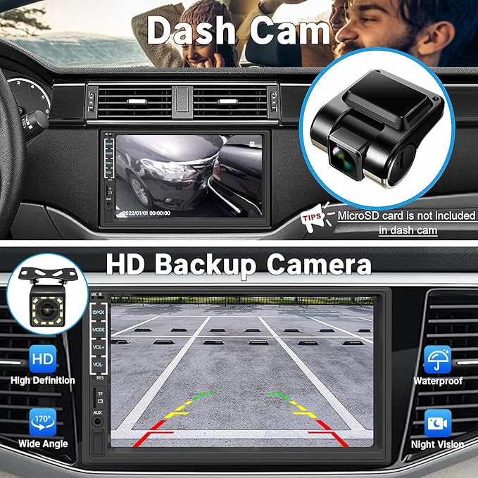 Leadfan Double Din Car Stereo with Dash Cam&Camera, Apple Carplay&Android Auto, 7 Inch Touchscreen Double Din Radio Car Audio Receivers, Bluetooth, Voice Control, MirrorLink, FM/USB/TF/AUX/Subwoofer