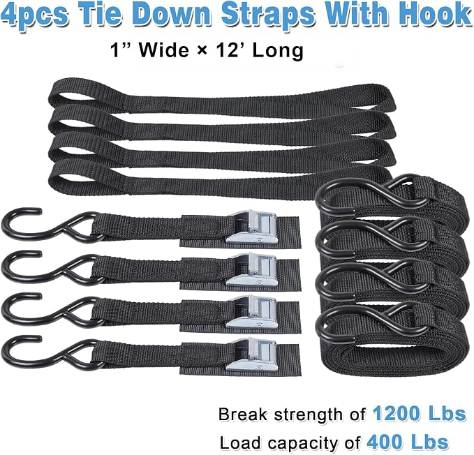 EXVITAL Tie Down Straps with Hook Cam Buckle Straps 1" x 12’ 1200lbs Break Strenght with Extra Soft Loops for Motorcycle, Kayak, ATVs, Dirt Bike, Truck, Car Black 4 Pack
