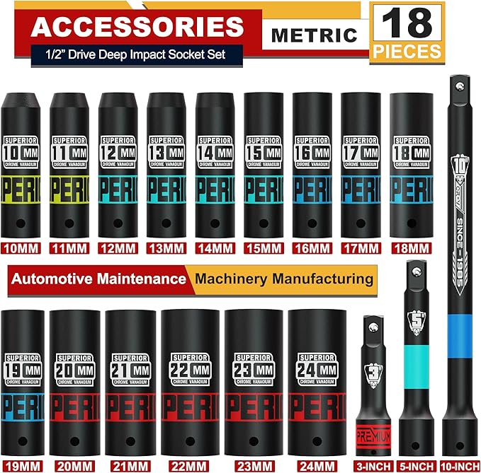 18 Piece 1/2" Drive Impact Socket Set, 10 mm - 24 mm Deep Socket, with Extension Bars:3-inch, 5-inch, 10-inch, Metric, 6-Point, CR-V Steel, Automotive Maintenance, Machinery Manufacturing