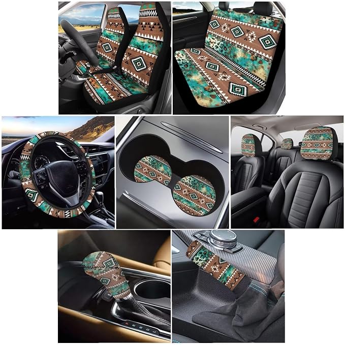 Wanyint Car Seat Cover Full Set 11 PCS, with Steering Wheel Headrest Handbrake Gear Shift Cover Cup Holders Universal Fit Most Vehicles, Aztec Leopard Print Brown Teal