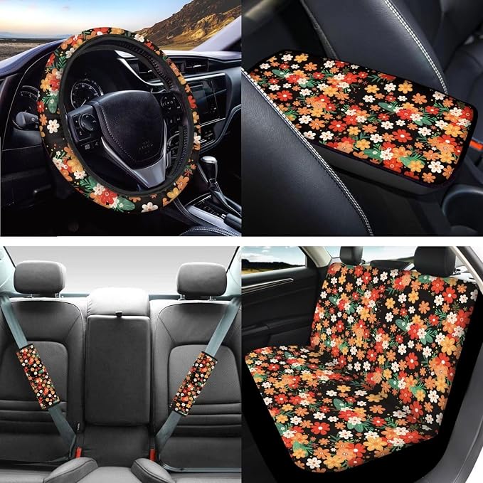 Mumeson Spring Flowers Car Seat Covers Set with Steering Wheel Cover, Seat Belt Shoulder Pads,Car Armrest Cushion of Car Full Set of 8 Pieces Auto Interior Protector Set for Womens