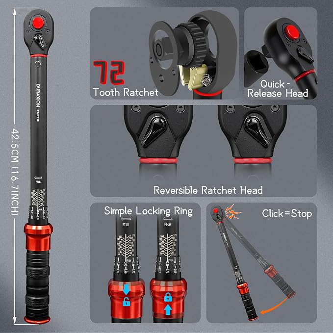 1/2-Inch Drive Torque Wrench 10-170ft.lb/13.6-230.5Nm, ±3% Precision Dual Direction Torque Wrenches with 72-Tooth Dual Range Scales