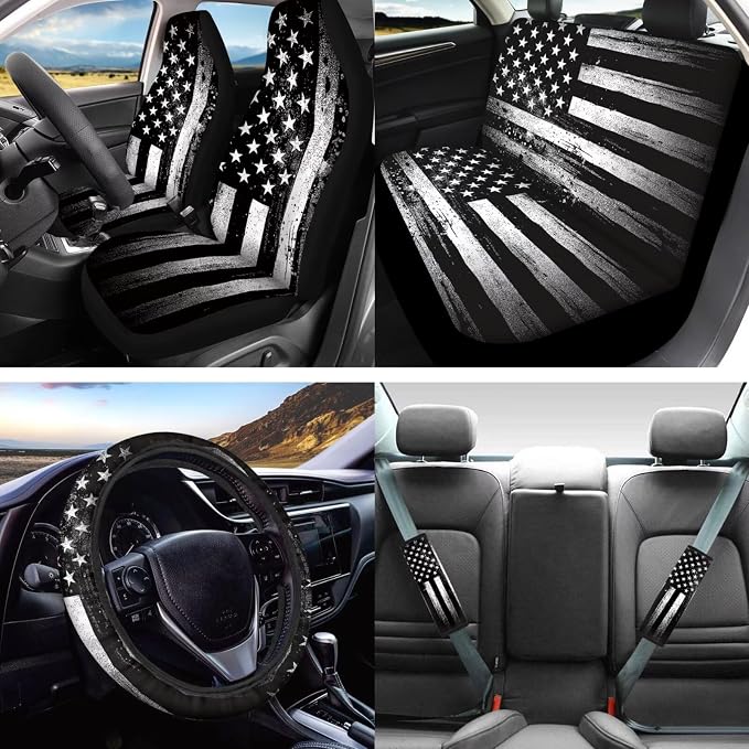 Lotusorchid American Flag Print Car Seat Covers, Including Universal and Anti-Slip Steering Wheel Cover Car Armrest Box Pad Vehicle Seat Belt Pad Auto Headrest Cover for Most Vehicles