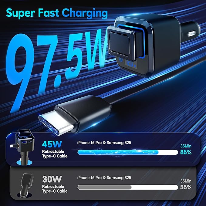 Retractable Car Charger, 6 in 1 Magnetic Cars Solid Aroma Diffuser with 97.5W USB C Fast Charging Car Phone Chargers Adapter, Voltage Display for iPhone 17 16 15 14 & Android—Shop Offers Scent Refills