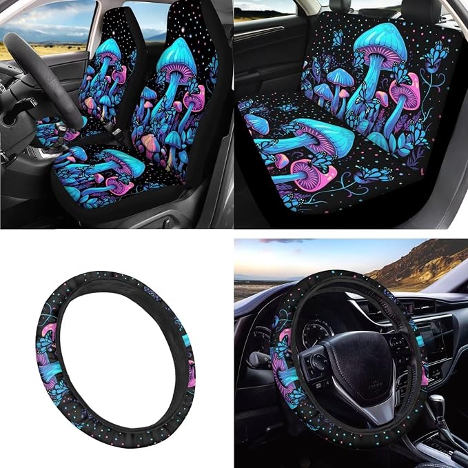 INSTANTARTS Mushroom 13-Piece Car Seat Cover Set with Steering Wheel, Seat Belt, Coaster, Key Fob, Lipstick Covers for Trucks, Vans, SUVs