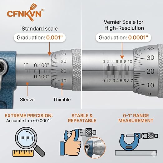 0-1" Micrometer, 0.0001" Precision Outside Tool with Ratchet Stop | Replacement for 103-131 – 0-1" outside micrometer with 0.0001" vernier resolution for precision shop & lab measurements.