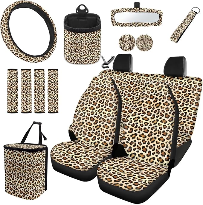 Dreaweet Leopard Print Seat Covers for Cars Front and Back,15 Pcs Cheetah Car Accessories,Leopard Steering Wheel Cover Seat Belt Pads Coasters Trash Can Vent Storage Bag Rearview Mirror Cover Keychain