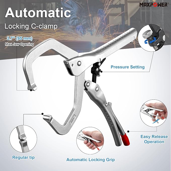 MAXPOWER 11-Inch Self-Adjusting Locking C-Clamp, Regular Tips, 3.35" Throat Depth, 3.7" Jaw Capacity C Clamp Locking Pliers, 925 lbs Maximum Clamping Force