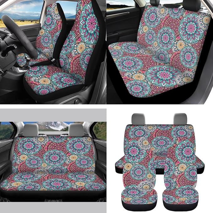 Boho Mandala Floral Car Accessories Car Seats Cover Protector, Steering Wheel Covers, Seatbelt Cover, Car Trash Can, Cup Coasters, Rearview Mirror Cover, Keychains, Pack of 15