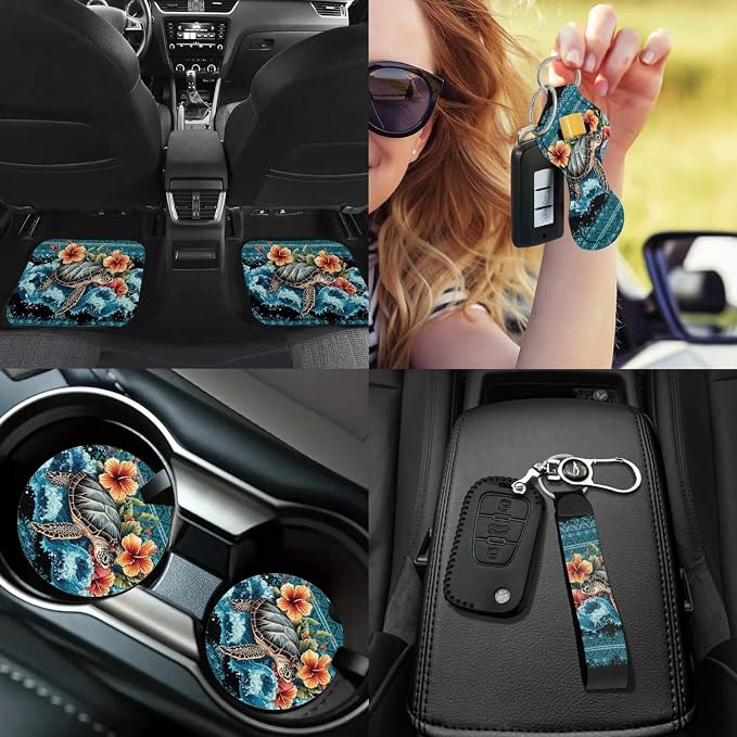 Sea Turtle Car Aaccessories Full Set of 17Pcs,Aztec Sea Turtle Car Seat Covers Set with Car Pass Rubber Floor Mats,Seat Belt Shoulder Pad,Steering Wheel Car Covers,Keychain Wristlet for Women