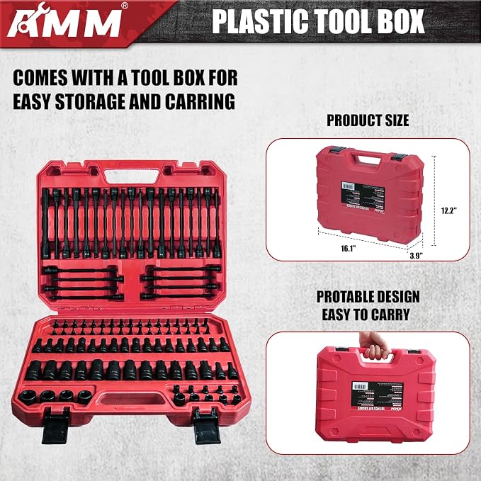 AMM 107PCS Allen and Torx bit socket set, 1/4", 3/8" and 1/2" Drive,Extra long torx/Tamper proof torx/Hex/Ball End Hex,SAE/Metric socket set, S2 Alloy steel bits