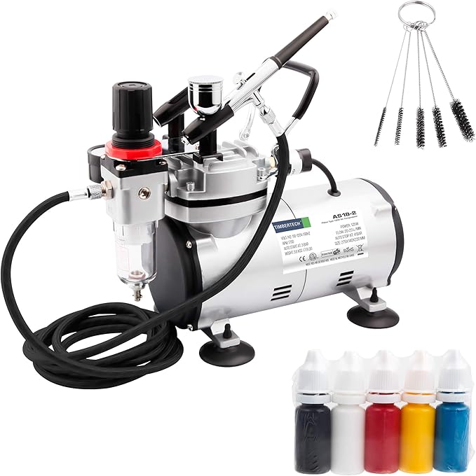 Timbertech Airbrush Kit With Compressor AS18-2K Basic Start Kit With Air Hose, Cleaning Brushes, and Test Paints for Hobby, Body Tattoo, Model painting, Automotive Graphic, Make-up