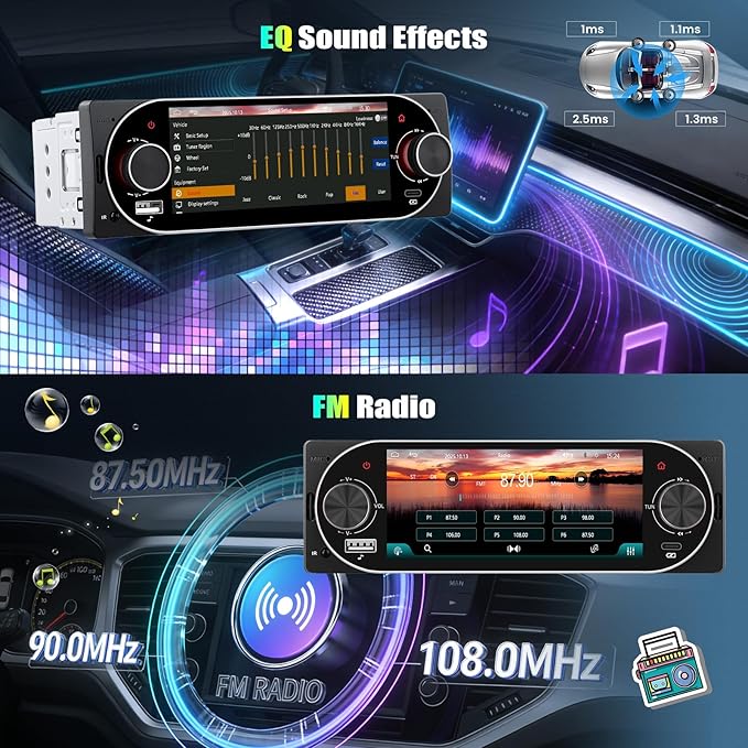 [Bluetooth 5.2 EQ] Single Din Car Radio Stereo with Wireless Carplay Android Auto, 5.1 inch IPS Touchscreen 1 Din Car Radio with Mirror Link USB & Type-C AUX FM Radio SWC Backup Cam SWC Voice Control