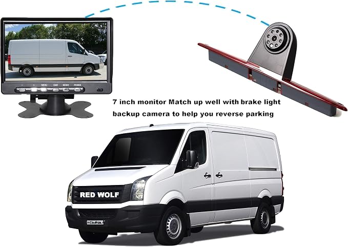 RED WOLF 3rd Brake Light Reversing Backup Camera with 7'' TFT LCD Monitor Kit for 2007-2018 Mercedes Benz Sprinter/Dodge Sprinter/VW Crafter Vans Parking Safety Rear View Camera
