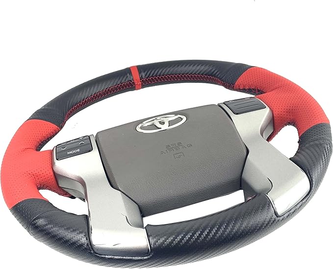 Hand-Stitch Wheel Wrap Side Red Perforated Leather&Matte Black Carbon Fiber Steering Wheel Cover for Toyota Tacoma 2012-2021 / 4Runner 2010-2021 / Tundra Sequoia 2014-2021 (Matte Carbon Fiber)