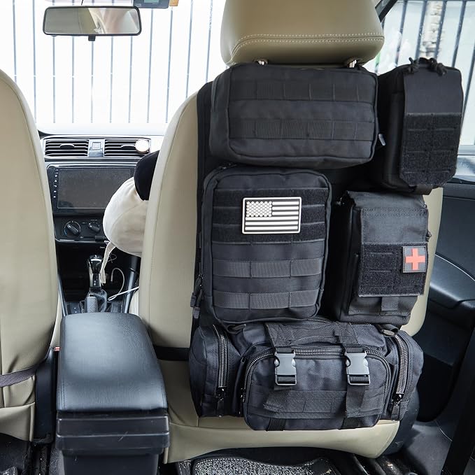 Universal Tactical Car Seat Back Organizer Bag Tactical Molle Vehicle Organizers Panel Gear Accessories with 5 Different Size Molle Pouches for Car Truck Ford Jeep Vehicle (B style-Black)