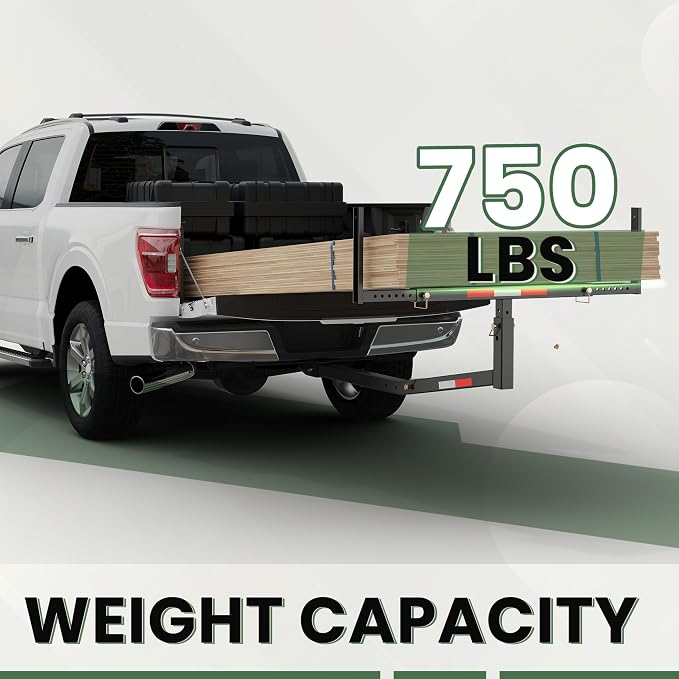 ECOTRIC 750lbs Capacity Black Truck Bed Extender Pickup Truck Bed Hitch Mount Extension Rack SUV Lumber Ladder Canoe Boat Kayak Long Pipes w/Flag - Powder Coated Steel