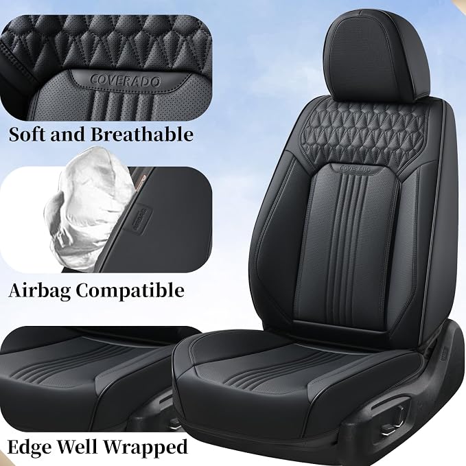 Coverado Front Seat Covers, Leather Car Seat Cover, Waterproof Car Seat Protector, Driver Seat Covers Car Seat Cushion Universal Fit for Most Cars, Black