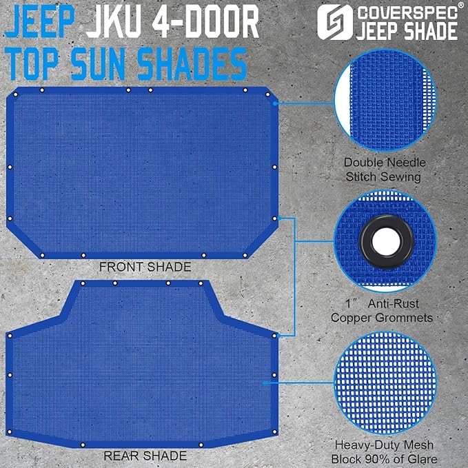 JK Sun Shade Top Compatible with Jeep Wrangler 4 Door 2007 to 2018 Sunshade Sunroof Bikini Cover Blocks UV Wind Noise Blue Mesh for Front and Rear 2 pcs