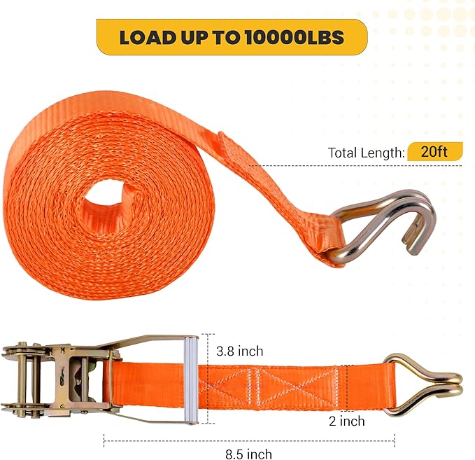 Heavy Duty Ratchet Straps, Corrosion-Resistant Ratchet & Fully Coated S Hooks - for Motorcycle Truck Cargo Tie Downs, 2" x 20ft - 4-Pack (Orange)