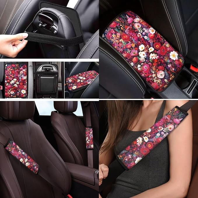 Mumeson Pink Flowers Car Seat Cover Set with Soft Neoprene Steering Wheel Cover + Soft Car Seatbelt Cushion Pad Car Armrest Cushion Cover Pad Car Accessories Decor
