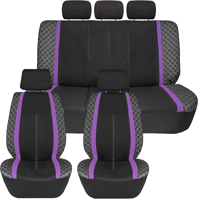 We Are Young Life is Fun™ Checker Car Seat Covers Universal Fit Interior Accessories Full Set Purple Seat Cover Combo Steering Wheel Cover and Seat Belt Pads, Airbag and Split Rear Car Seat Covers