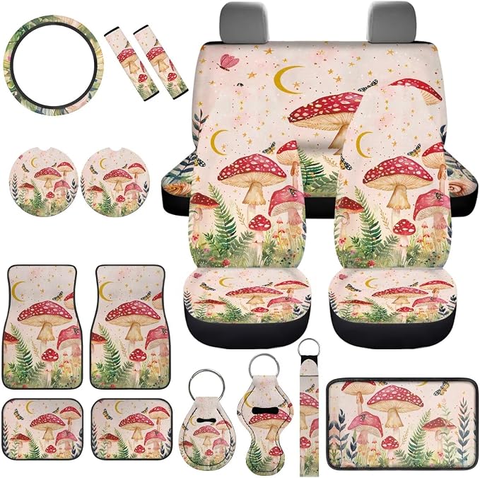 17Pcs Mushroom Car Accessories Full Set for Women Man,Starry Sky Mushroom Car Seat Covers Set for Front and Rear,Steering Wheel Cover Seat Belt Protector Set Car Floor Mats,Easy to Install