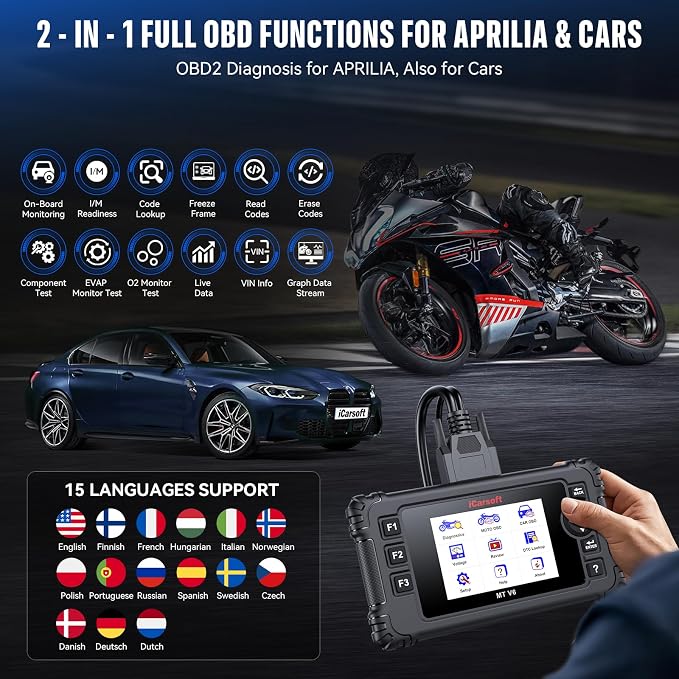 iCarsoft MT V6 Motorcycle OBD2 Scanner for Aprilia, Full-System Motorcycle Bidirectional Diagnostic Tool with 88 Resets & 122 Active Test, Battery Test, 2 in 1 Motor Scan Tool+Car OBD2 Diagnostics