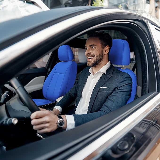 FH Group Neoprene Car Seat Covers - Front Set for Low Back Seats with Removable Headrest, Universal Fit, Airbag Compatible - Solid Blue Seat Covers for SUVs and Vans