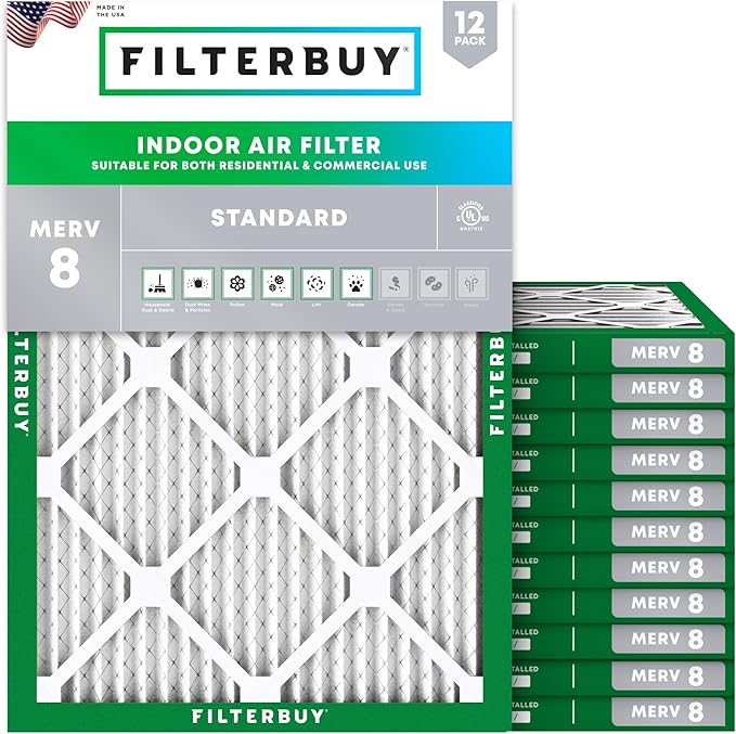 Filterbuy 19.88x21.5x1 Air Filter MERV 8 Essential Dust & Allergy Defense (12-Pack), Electrostatic Pleated HVAC AC Furnace Filters Replacement (Actual Size: 19.88 x 21.50 x 0.75)