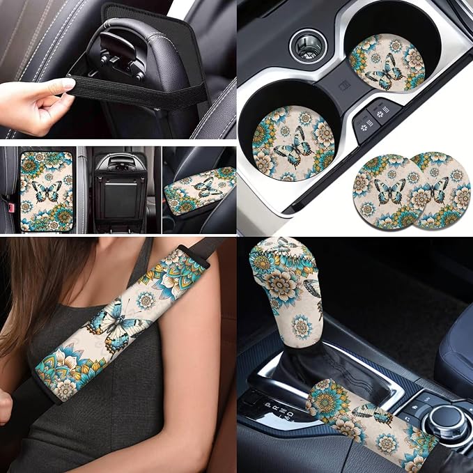 BIGCARJOB Boho Lotus Print Car seat Covers Set 12 Pack Cute Butterfly Print Car Interior Accessories Universal Center Console Armrest Pads,Coaster,Universal Steering Wheel Covers,Seat Belt Cover