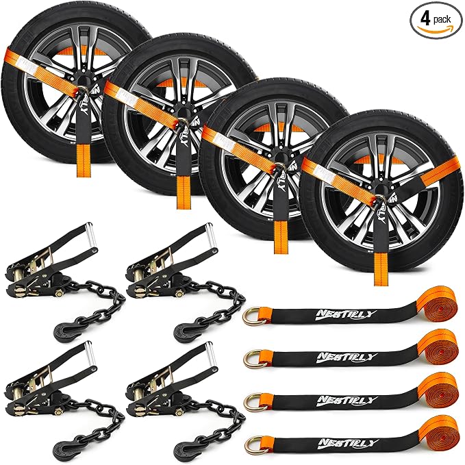 4 Pack Tire Tie Down Straps for Trailers – 2" x 10' Lasso Wheel Ratchet Straps with Chain Anchors,Over-The-Tire Heavy Duty 10000 lbs Break Strength,UTV, SUV, Truck Trailer Hauling,Orange