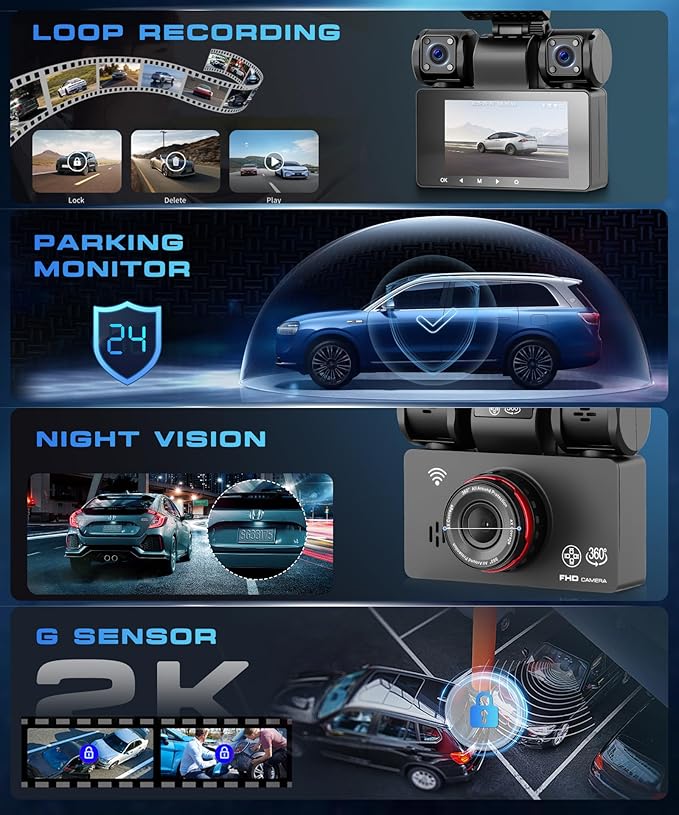 4 Channel 360° Dash Cam, 2K Front 1080P Rear Left Right, 3" IPS Screen, 5G WiFi APP Control, 8 IR Night Vision, G-Sensor, Loop Recording, 24/7 Parking Monitoring for Cars, Trucks, SUVs
