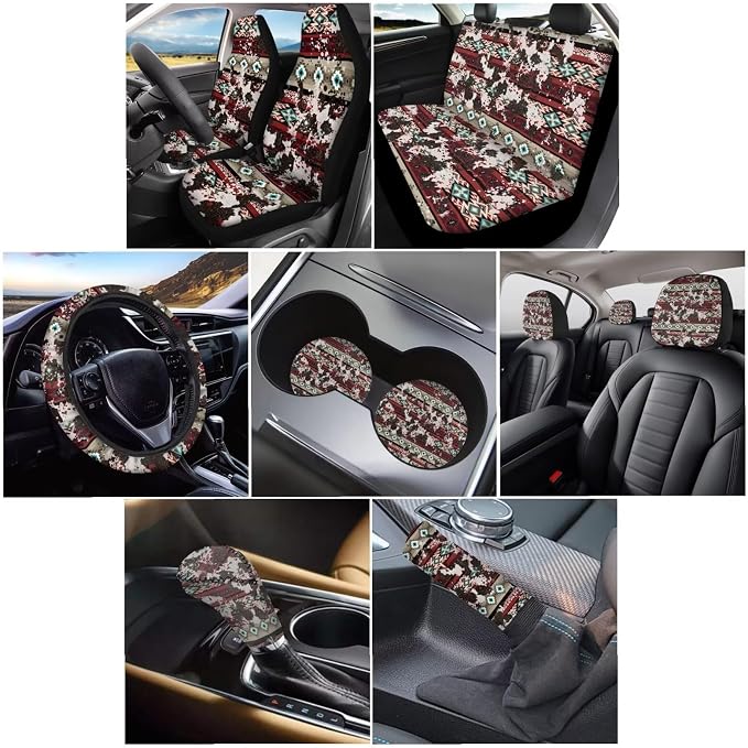 Wanyint Aztec Cow Print Red Retro Auto Seat Cover Full Set with Steering Wheel Cover Shift Knob Handbrake Protector Coasters Head Rest Covers Universal Fit Most Cars SUV Sedans, Pack of 11