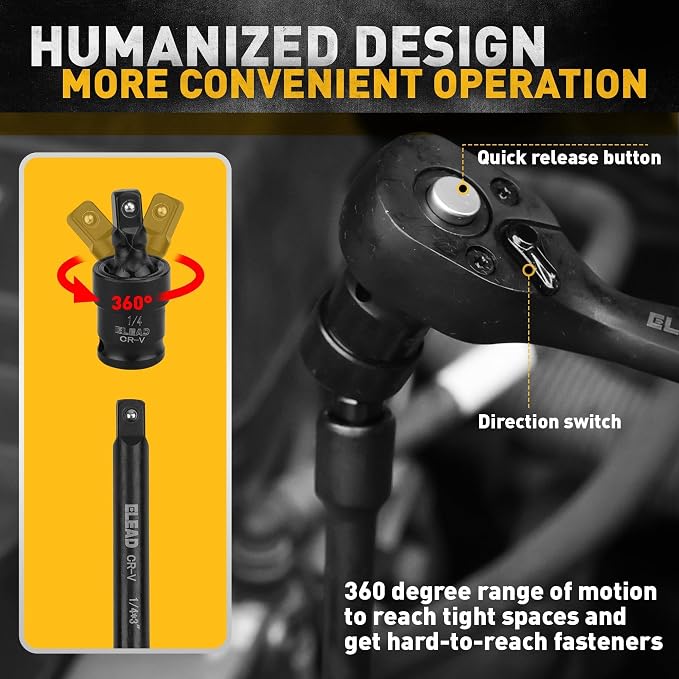 ELEAD 1/4" Drive Impact Socket Set, 56-Piece Standard SAE (5/32 to 9/16 inch) and Metric (4-15mm) Size, Deep & Shallow, 6 Point, Cr-V, 72-Tooth Ratchet Handle, Extension Bar, Universal Joint