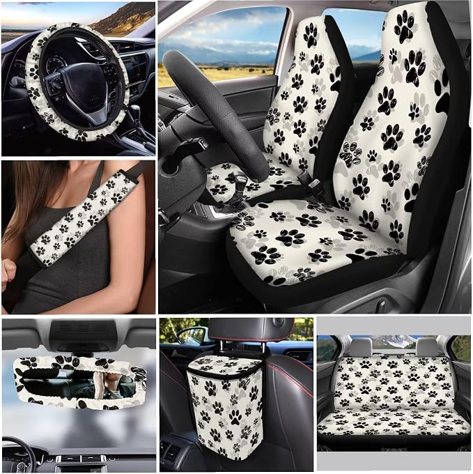 Dog Paw Prints 12 Pack Car Seat Covers Full Set Car Steering Wheel Cover Car Seat Belt Cover Keychain Holder Chapstick Holder Universal Fit for Vehicles,Cars,Suvs,Vans,Sedans